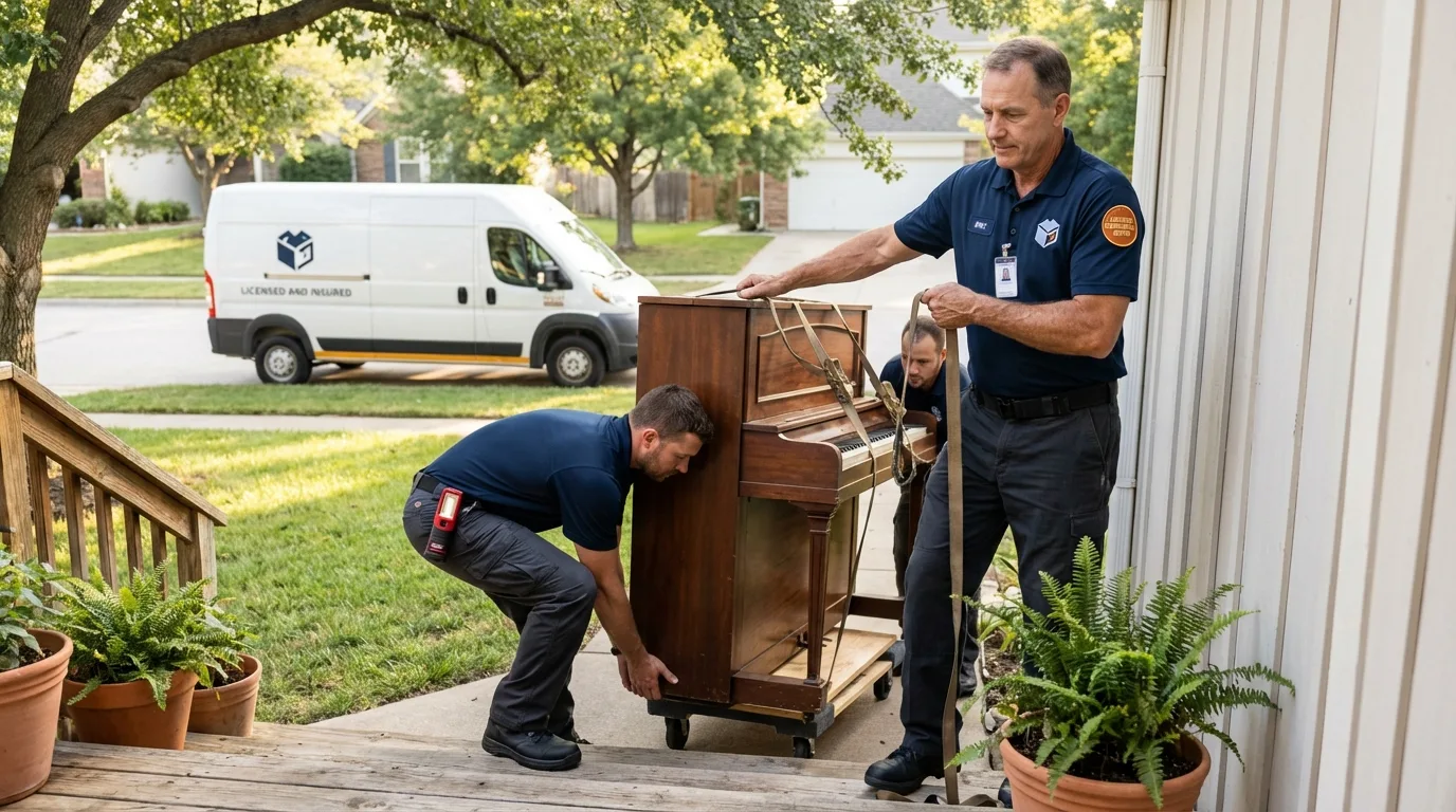 Licensed piano movers securing grand piano in East Elmhurst, NY