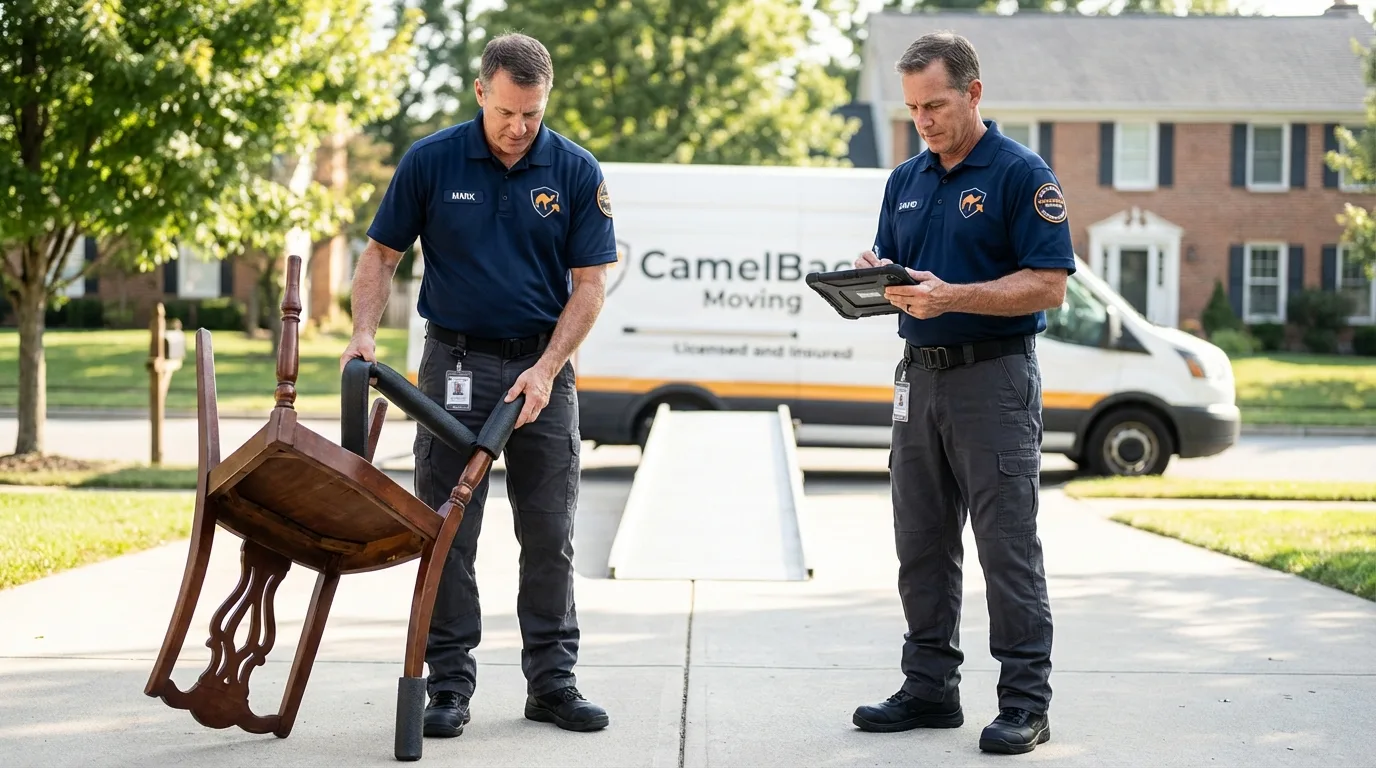 Movers inspecting furniture for damage prevention before loading in East Elmhurst, NY
