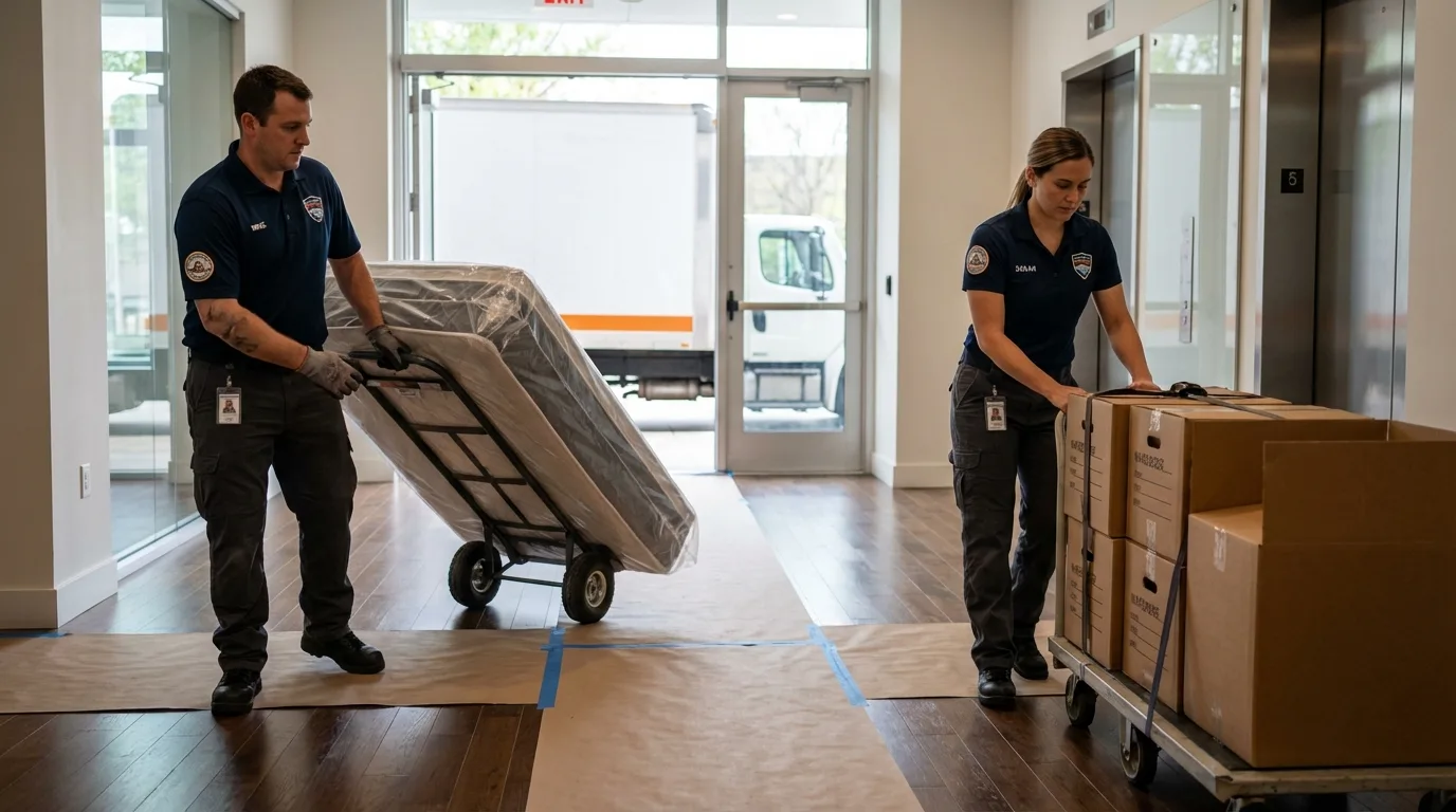 Professional apartment movers loading elevator in East Elmhurst, NY