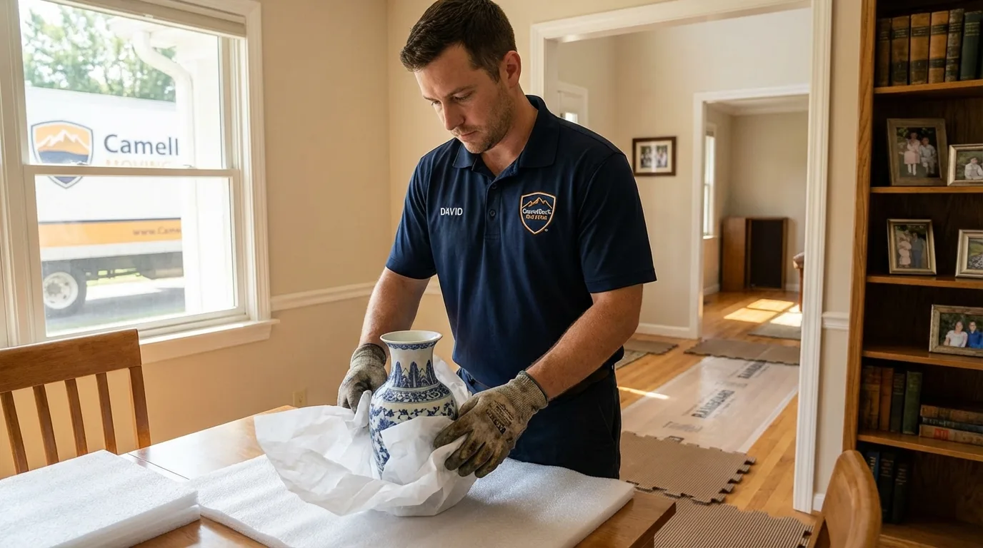 Professional crew carefully wrapping antique vase for senior downsizing move in East Elmhurst, NY